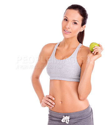 Buy stock photo Nutrition, apple and portrait of woman in studio with snack for weight loss, health and wellness diet. Fitness, vitamins and female person with organic and fresh fruit by white background with mockup