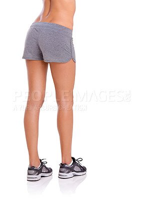 Buy stock photo Woman, workout and legs in studio with fitness for exercise, athlete and healthy body with training shoes. Model, person and rear view with sportswear or mockup space for wellness on white background
