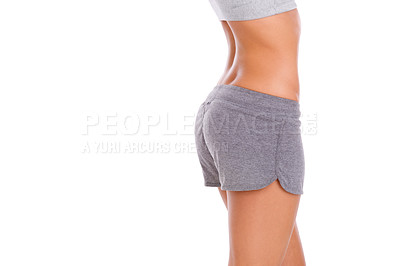 Buy stock photo Closeup, behind and woman with fitness, health and model isolated on a white studio background. Person, mockup space and girl with sportswear and workout for wellness with progress and challenge