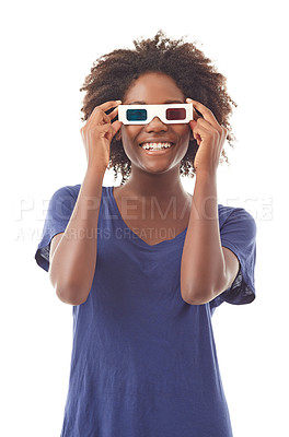 Buy stock photo Happy, smile and woman with 3d glasses in a studio for a cinema, entertainment or virtual reality movie. Happiness, excited and portrait of an African female model with vr eyewear by white background
