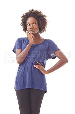 Buy stock photo Thinking, doubt and black woman with idea in studio isolated on a white background. Problem solving, confused and African person planning, brainstorming for choice and decision, question and solution