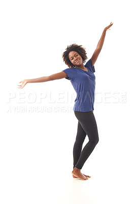 Buy stock photo Isolated African woman, studio and fitness portrait with stretching, healthy and smile by white background. Young girl, happy and free for exercise, workout or training for wellness, mindset or pride