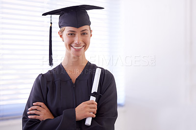 Buy stock photo Graduate, certificate and portrait of happy woman with arms crossed at university. Face, graduation and confident student with diploma for education achievement, success and scholarship in Australia