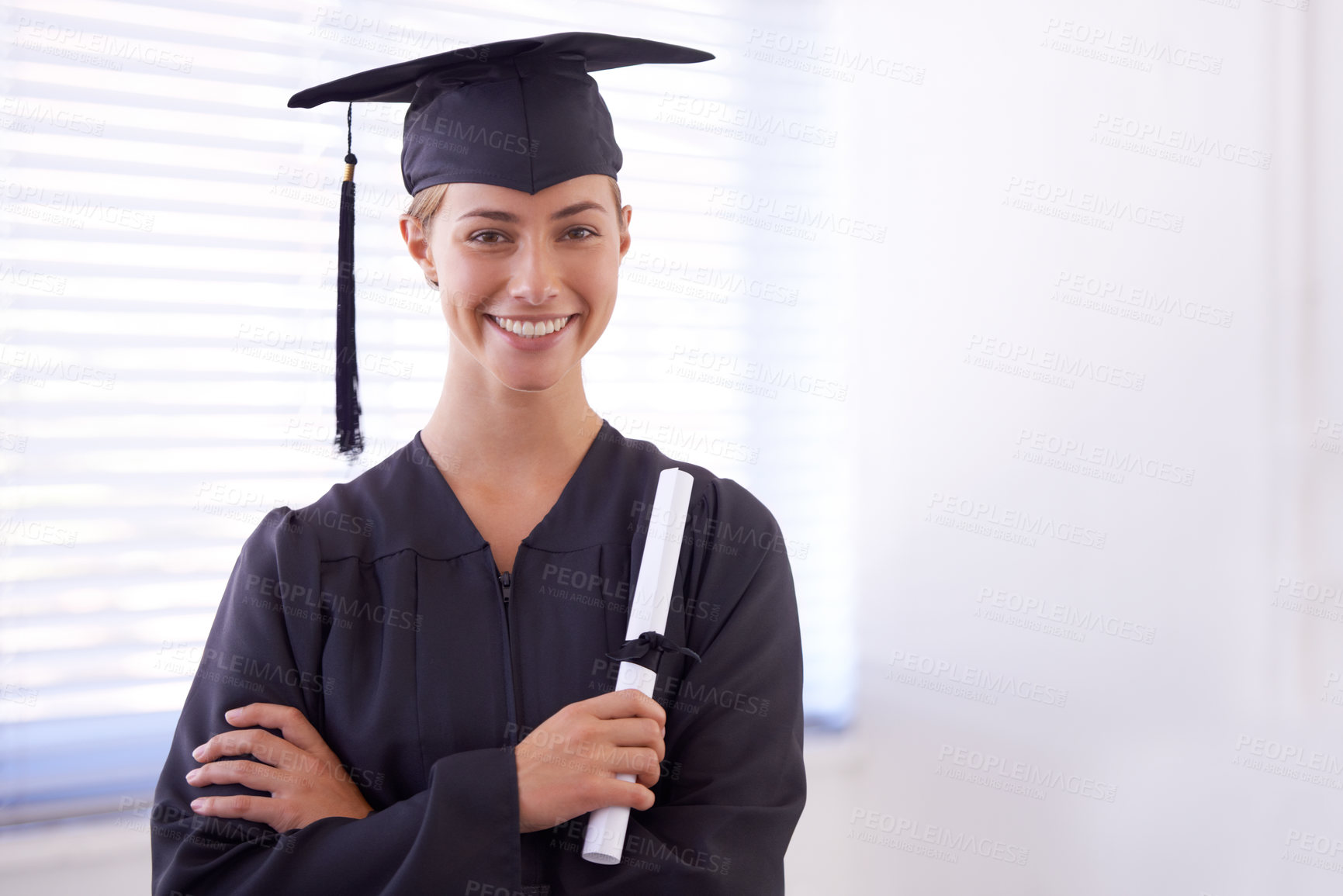 Buy stock photo Graduate, certificate and portrait of happy woman with arms crossed at university. Face, graduation and confident student with diploma for education achievement, success and scholarship in Australia