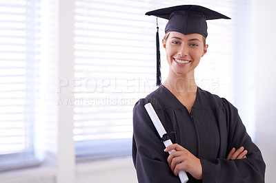 Buy stock photo Graduate, diploma and portrait of happy woman with arms crossed at university. Face, graduation and confident student with certificate for education achievement, success and scholarship in Canada