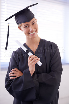 Buy stock photo Graduate, diploma and portrait of happy woman with confidence at university. Face, certificate and student with arms crossed for graduation, education and achievement of success at college in Canada