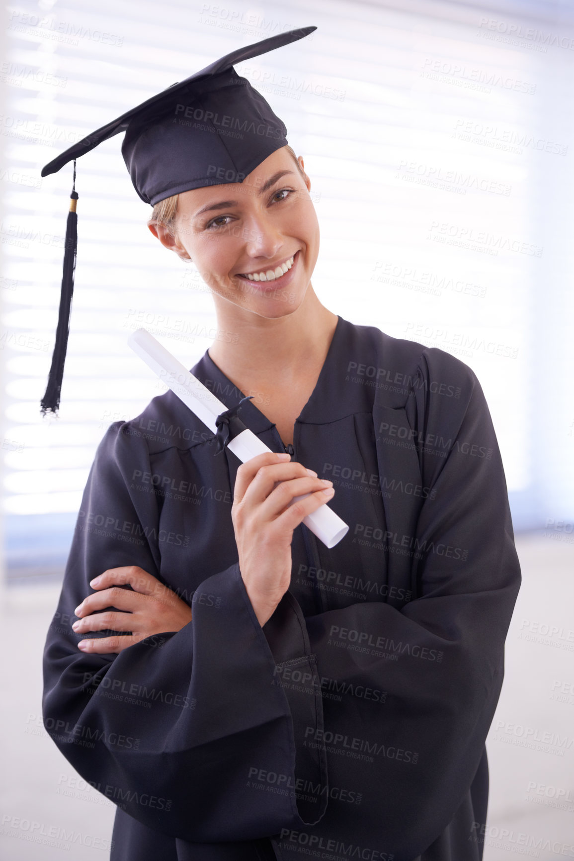 Buy stock photo Graduate, diploma and portrait of happy woman with confidence at university. Face, certificate and student with arms crossed for graduation, education and achievement of success at college in Canada