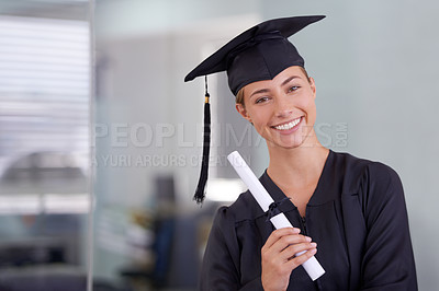 Buy stock photo Graduate, certificate and portrait of happy woman at university for scholarship in Canada. Face, graduation or smile of student with diploma for education, achievement or success at college in school