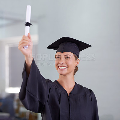 Buy stock photo Graduation, certificate and happy woman celebrate at university for achievement. Degree, graduate or smile of young student with diploma scroll for education, success or scholarship at college campus