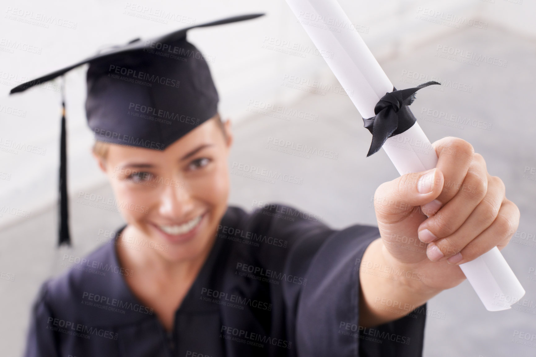 Buy stock photo Graduate, certificate and portrait of happy woman in celebration for success at college. Face, graduation or hand of student with diploma for education, achievement or closeup of degree in university