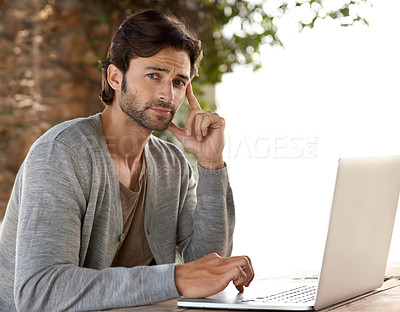 Buy stock photo Businessman, laptop and portrait for research outdoor with remote work, relax and freelance writer. Entrepreneur, person and face with technology for email, typing and online planning at cafe