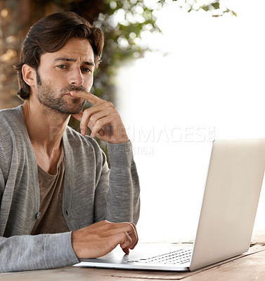 Buy stock photo Businessman, laptop and thinking of planning outdoor with remote work, relaxing or freelance writer. Entrepreneur, person and face or technology for reading, typing or online research in nature