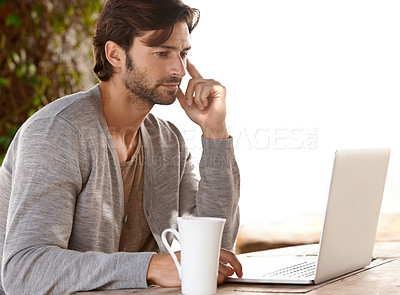 Buy stock photo Businessman, laptop or reading or research outdoor with coffee for remote work, relax or freelance writer. Entrepreneur, person and face or technology for project or online planning in nature at cafe