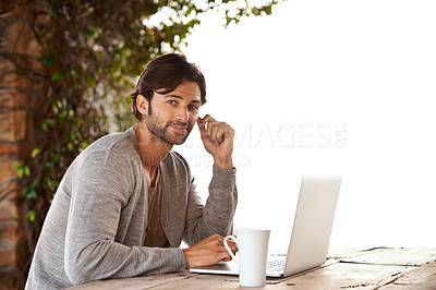 Buy stock photo Businessman, laptop and portrait or smile outdoor with remote work, research and freelance writer. Entrepreneur, person or face with technology for typing and online planning in nature at coffee shop