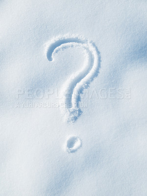 Buy stock photo Question mark drawing in snow, winter and  sign, icon or symbol outdoor with punctuation. Grammar, wondering and thinking with doubt, decision and snowy weather, ask and problem solving with faq