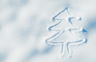 Buy stock photo Drawing of Christmas tree in snow, nature and winter with festive holiday, mockup space and closeup. Creative, art and texture with cold season, print on ground with white xmas and celebration