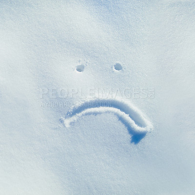 Buy stock photo Sad, snow and drawing in ice outdoor on ground in winter for communication on social media. Writing, sign and frown depressed emoji on field in nature with frozen background and written sketch