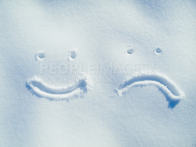 Buy stock photo Emoji, face and drawing in snow or outdoor on ground in winter for communication or feedback. Writing, sign and smiley in ice on field in nature with frozen background and written sketch review