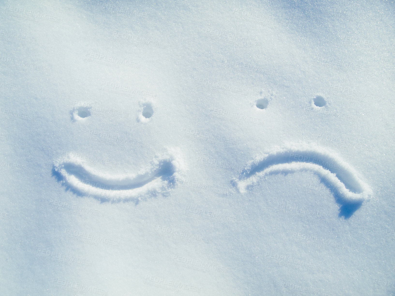 Buy stock photo Emoji, face and drawing in snow or outdoor on ground in winter for communication or feedback. Writing, sign and smiley in ice on field in nature with frozen background and written sketch review