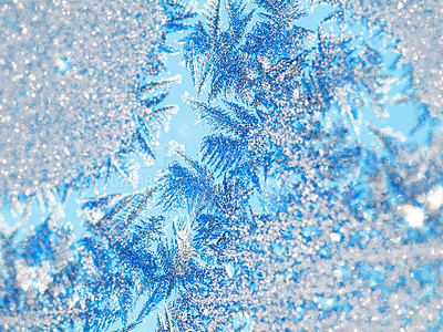 Buy stock photo Ice, macro and snow crystal on glass with winter abstract pattern and beauty in nature. Frost, background or wallpaper with closeup on frozen weather, texture outdoor or detail from snowstorm