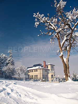 Buy stock photo House, snow and forest environment for winter nature in Canada for travel vacation, exploring or freezing. Home, outside and woods for cold weather with ice trees for climate, Christmas or holiday