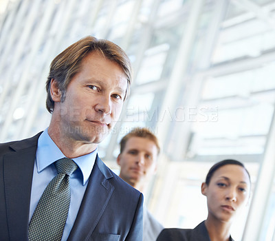 Buy stock photo Mature businessman, portrait and confident in leadership, office and pride in management. Business people, teamwork and collaboration or support in workplace, serious and ceo at startup company
