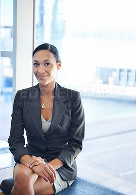 Buy stock photo African woman, portrait and sitting in lobby for business interview, career and office job. Female recruit, smiling and professional for corporate, industrial work and future employee for company