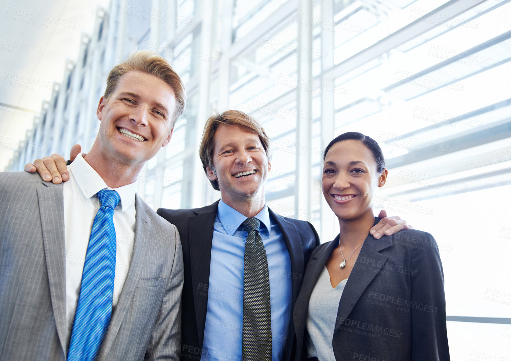 Buy stock photo Business people, portrait and confidence in unity, embrace and together in partnership. Happy coworkers, teamwork and collaboration or support in workplace, professionals and hugging for solidarity