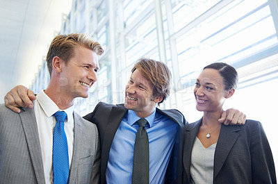 Buy stock photo Work, friends and group of business people in lobby with smile, conversation and collaboration. Team building, men and woman at office together with support, trust and happy discussion with manager.