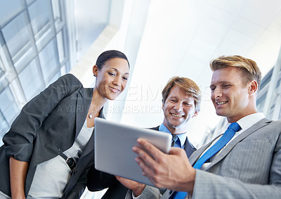 Buy stock photo Business people, tablet and partnership for project in meeting, collaboration and unity for proposal. Coworkers, workplace and teamwork for report, support and online for research and networking