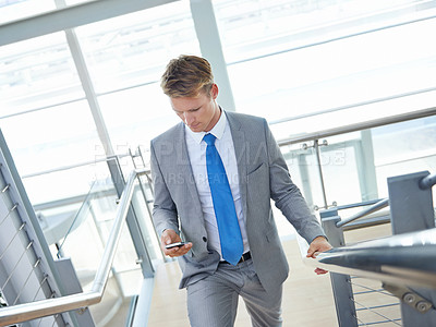 Buy stock photo Businessman, stairs and networking or phone for communication, website and mobile app for conversation. Male person, workplace and reading an email for update, internet and research for information