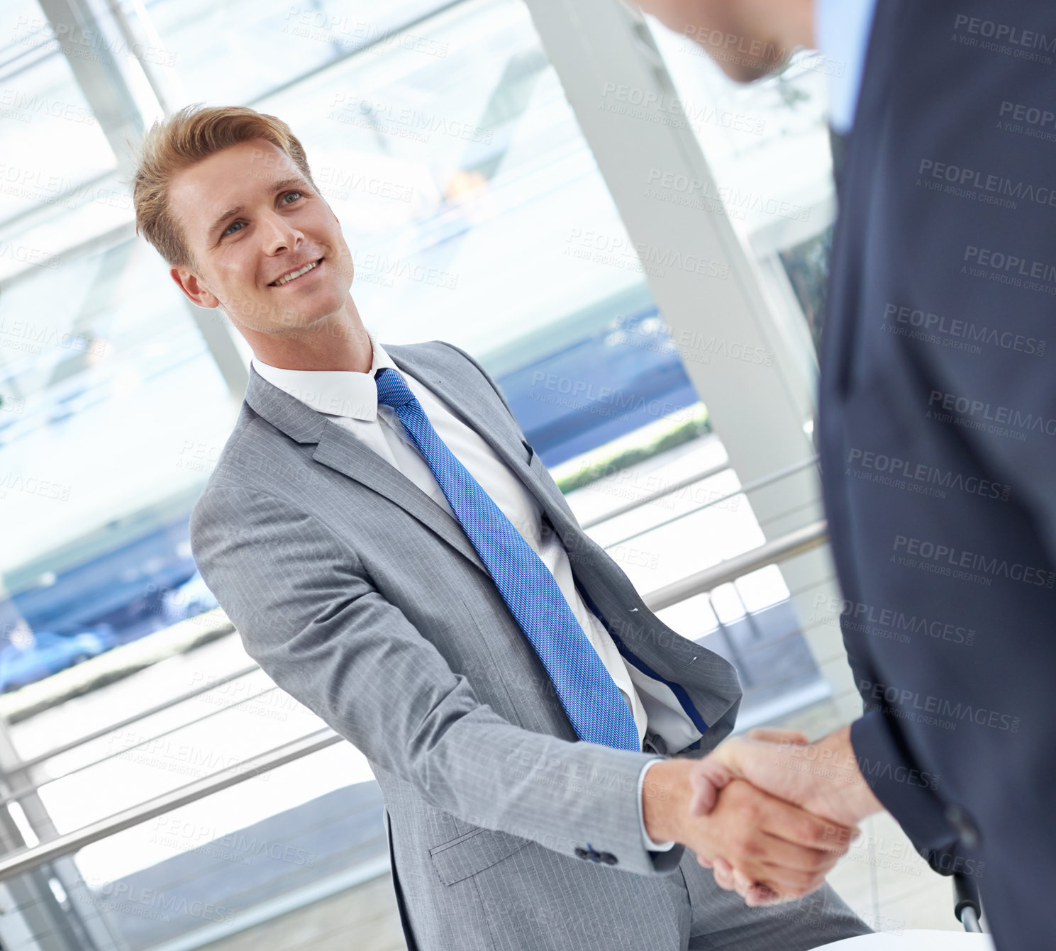 Buy stock photo Shaking hands, deal and businessman in office for agreement, partnership or collaboration. Smile, meeting and professional people with handshake for onboarding or hiring welcome in workplace.