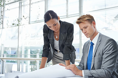 Buy stock photo Business people, architect team and meeting with blueprint for building renovation, analysis and strategy for project management. Construction collaboration, engineering and architecture floor plan