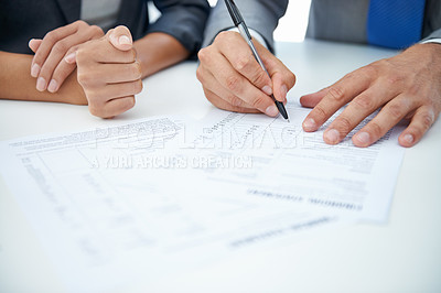 Buy stock photo Closeup, hands and business people with documents, finance or contract for b2b deal or onboarding. Brokers, manager or employee with paperwork or trading with stats or signing with economy or writing