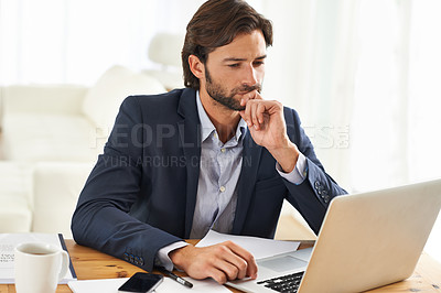 Buy stock photo Office, laptop and businessman reading, thinking and research notes for financial analyst at desk. Consultant, business advisor or professional man checking report, email and planning startup ideas.