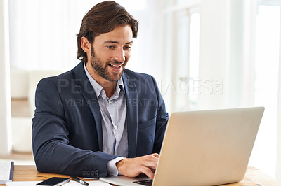 Buy stock photo Happy man, laptop and typing for communication, online research or copywriting for remote work. Male person, computer and smile for email, internet search or social media writing at desk at home
