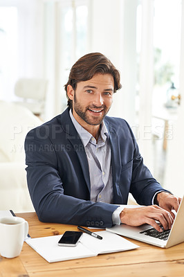 Buy stock photo Desk, laptop and portrait of businessman typing report, email or research with financial analyst in office. Consultant, business advisor or man with computer writing online feedback review at startup