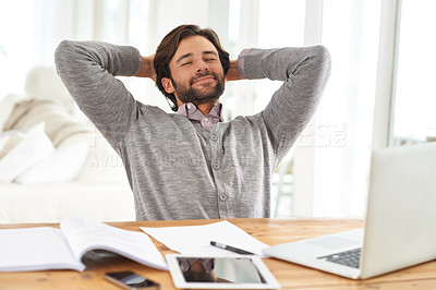 Buy stock photo Businessman, relax and paperwork with laptop in house for remote, freelance work and internet research. Male person, hands and head for break, wellness and technology in home office for online job