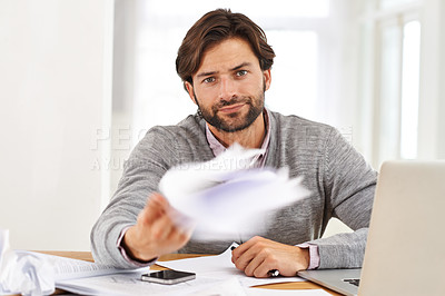 Buy stock photo Portrait, frustration and businessman throwing documents at desk in office with annoyed or moody attitude. Tax, debt or report and irritated young employee in workplace with deadline problem
