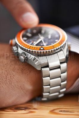 Buy stock photo Businessman, closeup and check watch on hand with appointment on schedule or agenda. Busy, entrepreneur and pointing to minute, time or hour on clock and planning timetable for day with wristwatch