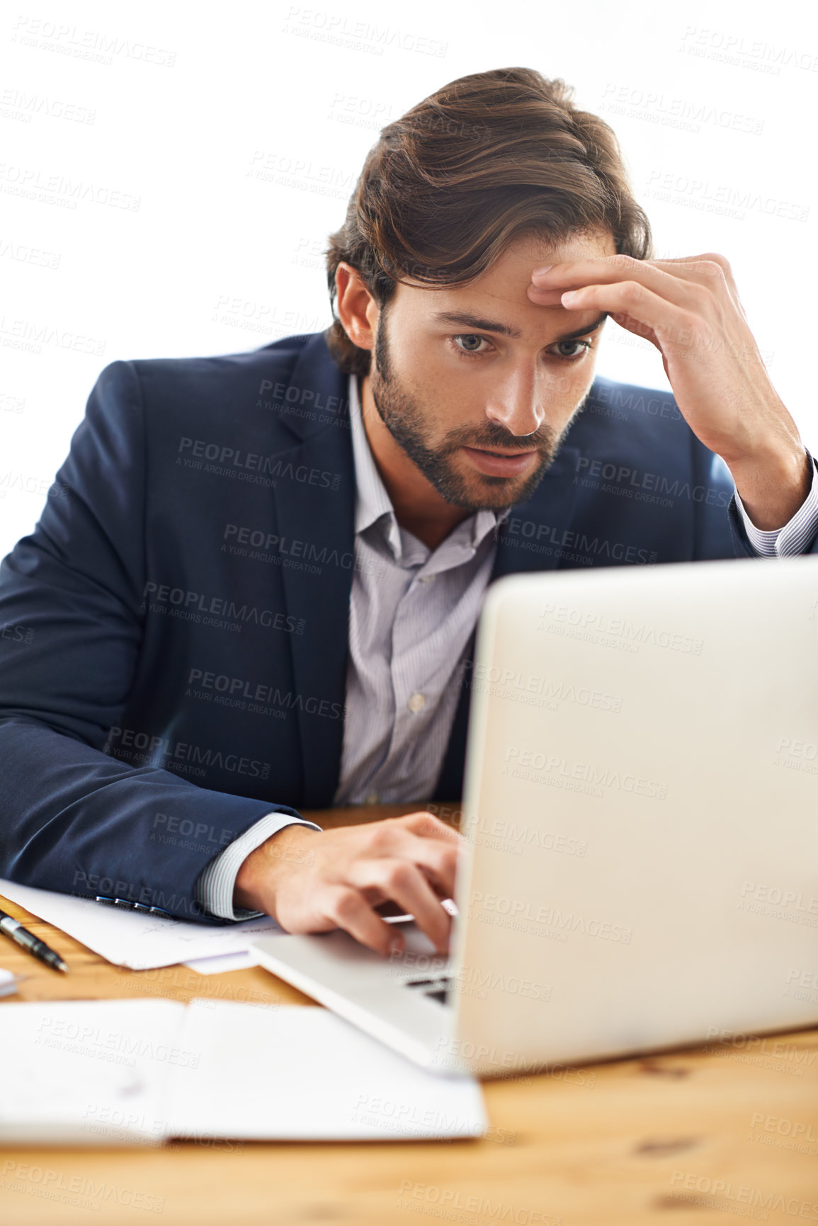 Buy stock photo Lawyer, man and office with laptop and stress at work, serious and paperwork with information for court. Law firm, small business and document with idea for contract to  report on case and regulation