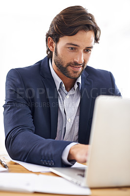 Buy stock photo Typing, report and businessman on laptop with project, investment and research in stocks. Investor, review and planning on computer with email, communication or analysis of information on website