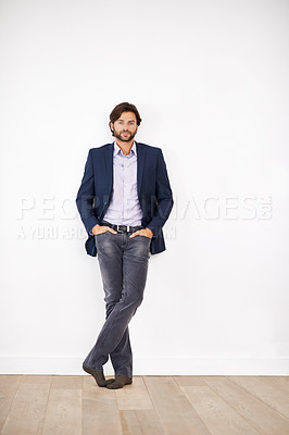 Buy stock photo Confident, businessman and relax in studio for portrait on white background or wall with professional fashion. Insurance agent, consultant and person standing with pride in work or career as advisor