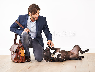 Buy stock photo Playing, love and happy businessman with dog for bonding together with positive and good attitude. Career, briefcase and professional male person having fun with pet, puppy or animal on floor at home