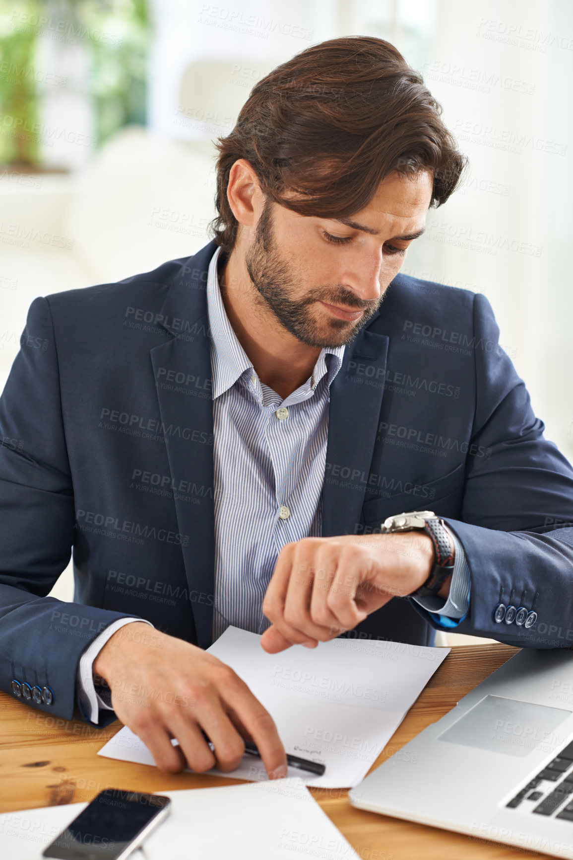 Buy stock photo Check, schedule and businessman with watch in office for appointment or reminder of agenda. Busy, entrepreneur and time management with clock and planning timetable for day in morning with wristwatch
