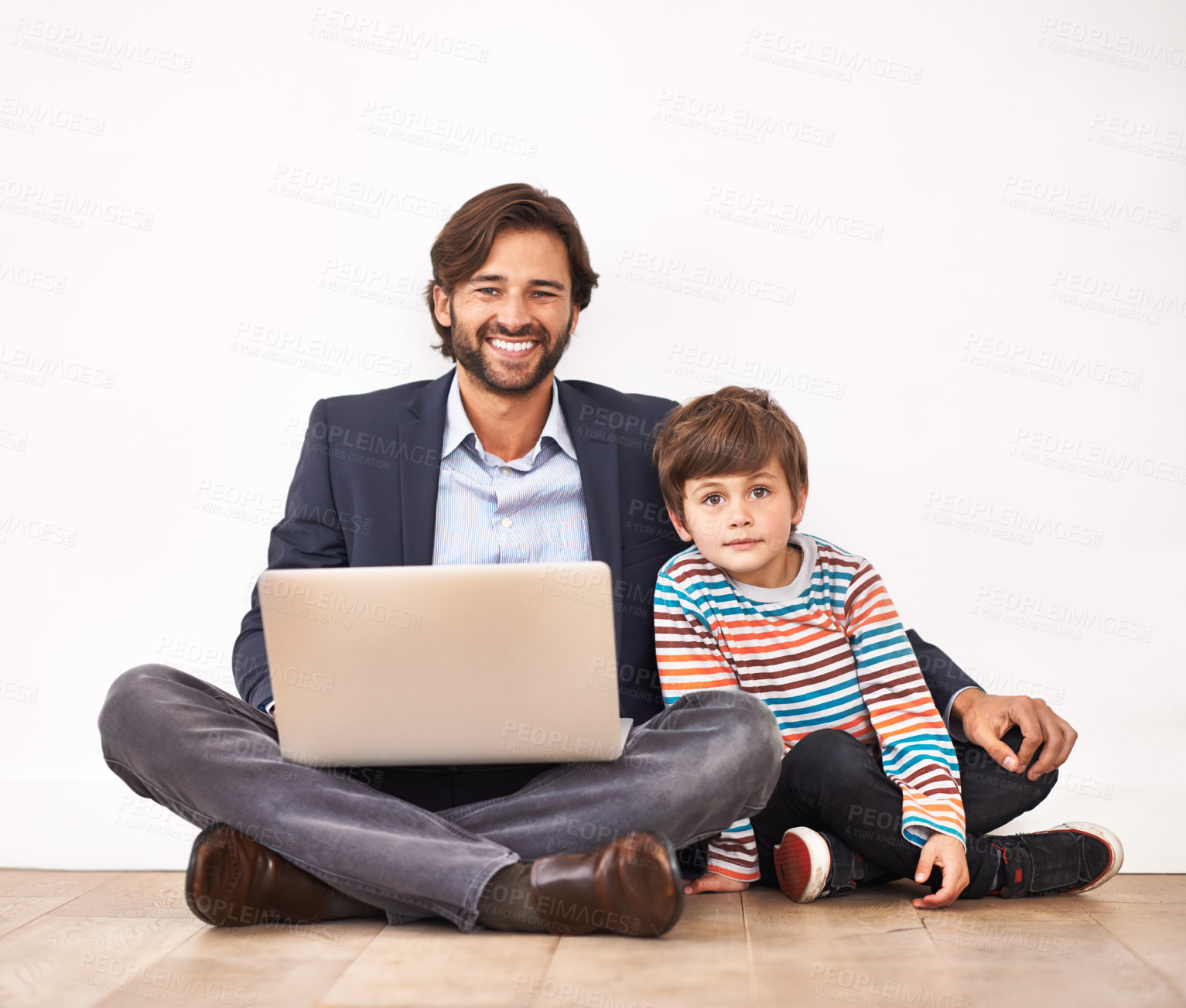 Buy stock photo Happy father, child and portrait with laptop on floor for learning, online education and bonding with boy at home. Kid, smile and dad on computer for internet, love and connection of family together