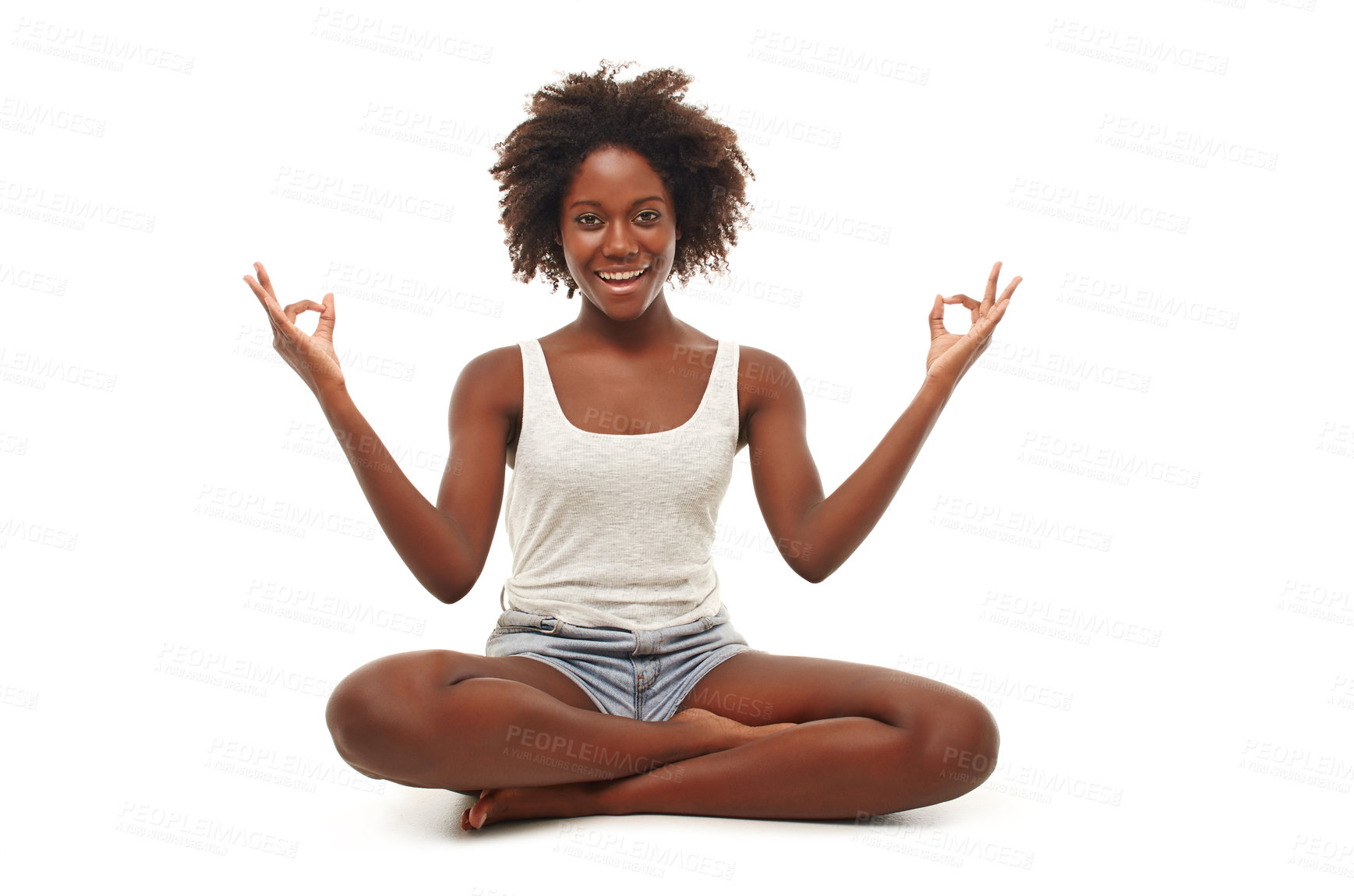 Buy stock photo Yoga, portrait and woman in a lotus pose in a studio for mind, body and spiritual exercise. Wellness, health and African female model doing meditation or pilates workout isolated by white background.