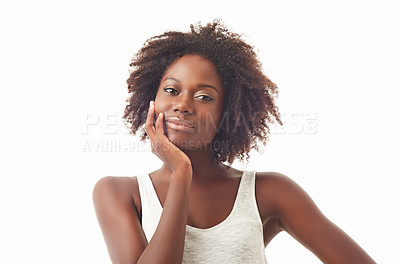 Buy stock photo Beauty, makeup and portrait of a woman in a studio with a natural, cosmetic and face routine, Beautiful, young and headshot of an African female model with cosmetology isolated by a white background.