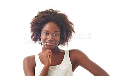 Buy stock photo Black woman, face and beauty with hair, portrait and smile with afro hairstyle isolated on white background. Natural cosmetics, dermatology and clean skin, African female model with glow and haircare