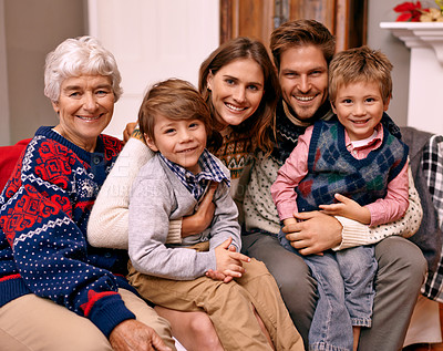 Buy stock photo A happy family with their grandmother on Christmas Eve